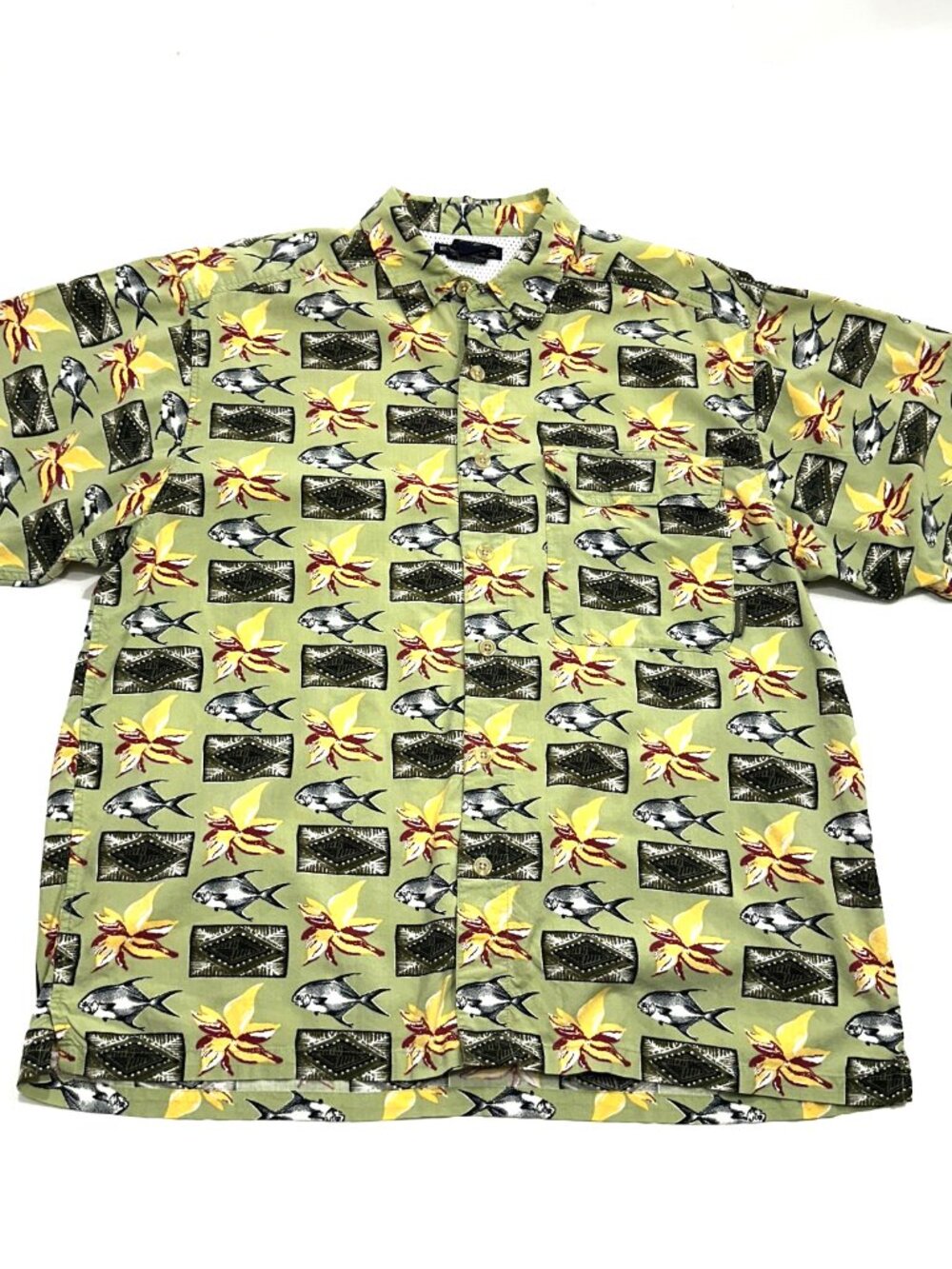 ExOfficio Mens L Hawaiian Shirt Fish Floral Vented Cotton Rayon